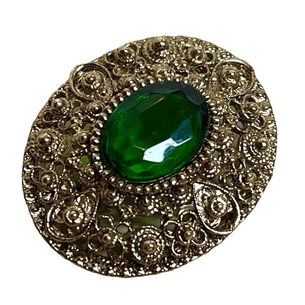 WEST GERMANY SIGNED Vintage Oval Emerald Rhinestone Brooch Gold Tone Filigree